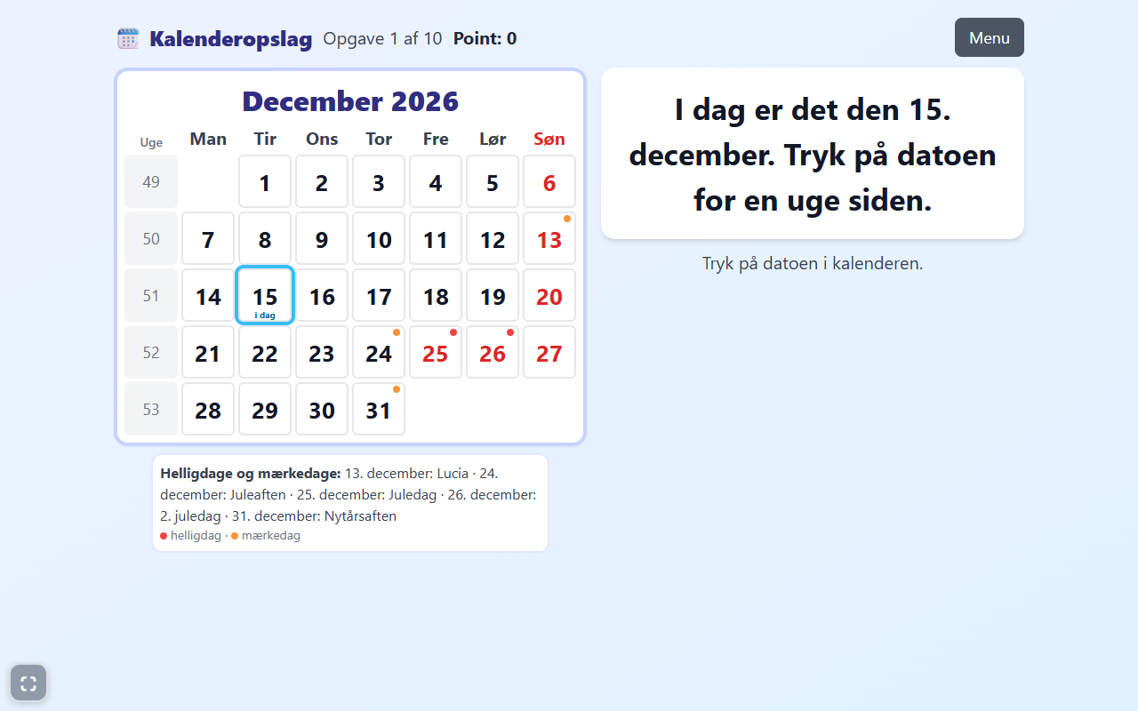 Skærmbillede af spillet Kalender og tid