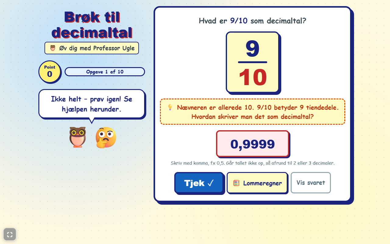 Skærmbillede af spillet Fra brøk til decimaltal